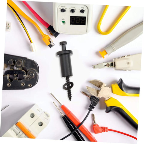Assorted electrical tools and connectors including wires, pliers, and a digital gauge on a white background.