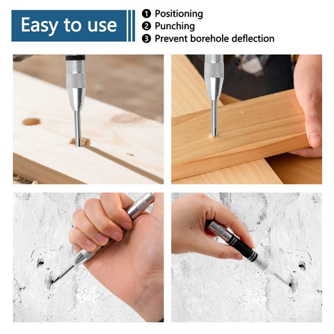Knockout 5 Inch Automatic Center Punch Marker Spring Loaded Self Centering Hole Starter for Metal Wood and Plastic, in use on wood and wall.