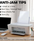 Printable vinyl sticker paper, front view, white glossy 8.5 x 11 in, waterproof adhesive for inkjet/laser printer
