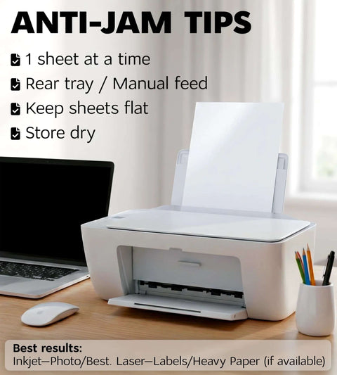 Printable vinyl sticker paper, front view, white glossy 8.5 x 11 in, waterproof adhesive for inkjet/laser printer