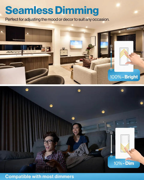 BR30 LED Flood Bulbs For Recessed Cans, 850 Lumens, 11W, dimmable lighting in living room, showing bright and dim settings