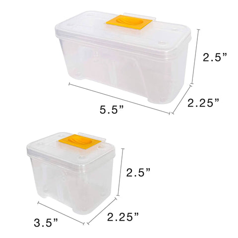 Two clear plastic containers with measurements, featuring yellow clips, suitable for Hardware Tackle Box With Removable Compartment Organizer And Reversible Carrying Case For Screws Nuts And Bolts EZ Clip Compartments Pro Grade Portable Tool Storage With Carry Handle And Adjustable Strap.
