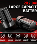Two 2.0Ah batteries for Electric Ratchet Wrench Set with 16.8V Cordless Power, large capacity, showing protection features.