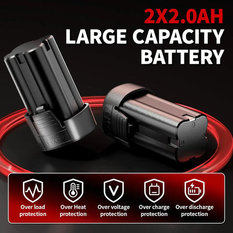 Two 2.0Ah batteries for Electric Ratchet Wrench Set with 16.8V Cordless Power, large capacity, showing protection features.