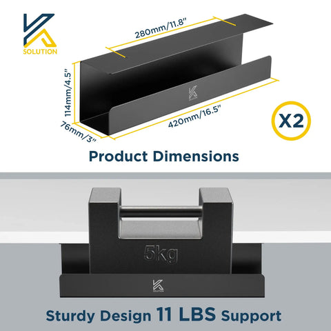 Two Pack Under Desk Cable Management Tray 16.5 Inch Wire Organizer dimensions and support, heavy duty steel for desks