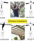 Effortless installation of Outdoor LED String Lights 48Ft Heavy Duty Linkable Patio Lighting With Shatterproof Bulbs shown in various methods.