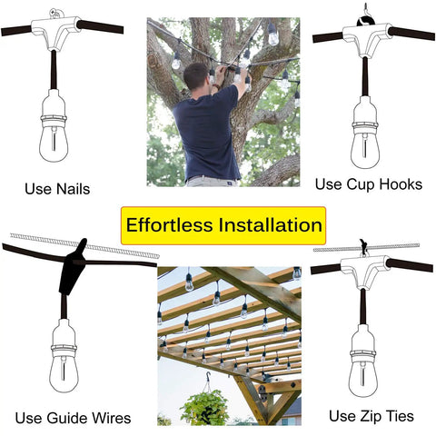 Effortless installation of Outdoor LED String Lights 48Ft Heavy Duty Linkable Patio Lighting With Shatterproof Bulbs shown in various methods.