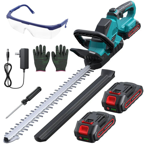 Powerful Cordless Hedge Trimmer With Dual Batteries, 3000 RPM Brushless Motor, includes two batteries, goggles, gloves, and charger
