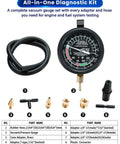 All in One Vacuum and Fuel Pump Tester Gauge Kit for Your Ride, Check Fuel Pump Pressure, Fuel Pump Vacuum, Carburetor Intake Manifold Vacuum, and Vacuum Tests With Easy to Follow Instructions. Black gauge with hose and brass adapters