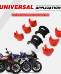 Universal Motorcycle Fork Seal Driver Kit With Twelve Plastic Fork Seal Drivers And Two Steel Bodies For 35 To 50 mm Forks Red All In One Pro Grade Tool For Dirt Bikes And Street Bikes displayed with red and black components above images of motorcycles
