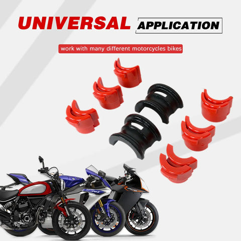 Universal Motorcycle Fork Seal Driver Kit With Twelve Plastic Fork Seal Drivers And Two Steel Bodies For 35 To 50 mm Forks Red All In One Pro Grade Tool For Dirt Bikes And Street Bikes displayed with red and black components above images of motorcycles