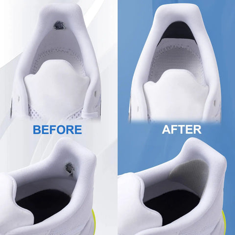 Self Adhesive Shoe Repair Patches Kit For Holes In Sneakers And Leather Shoes, before and after applying heel patches