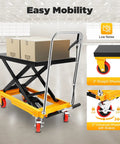 Heavy Duty Hydraulic Lift Table Cart With Smooth Rolling Locking Casters And Quick Fold Design, 28.5 Inch Single Scissor Workbench with boxes.