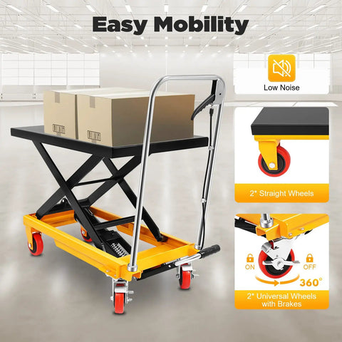 Heavy Duty Hydraulic Lift Table Cart With Smooth Rolling Locking Casters And Quick Fold Design, 28.5 Inch Single Scissor Workbench with boxes.