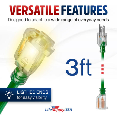 3ft extension cord with lighted ends for visibility, showcasing the 50 Foot Outdoor Indoor Extension Cord 12 Gauge 3 Conductor Extra Heavy Duty 3 Prong SJTW Waterproof Flexible Cold Resistant Power Cord 15 Amp 125 Volt 1875 Watt Yellow versatility.