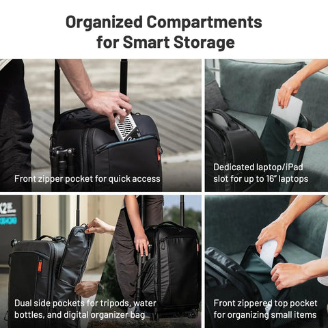 Person organizing 2-In-1 Roller Camera Backpack For Travel Photographers Go-To Gear With Rolling Luggage compartments.