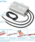 24V 800W IP67 Waterproof LED Driver Power Supply For Outdoor Lighting, Ultra Quiet And 91 Percent Efficient DC Output, 90 To 130V AC Input At 50 To 60Hz, Compact 9.25 Inch Long By 4.72 Inch Wide By 2.2 Inch High, silver metal housing with cables