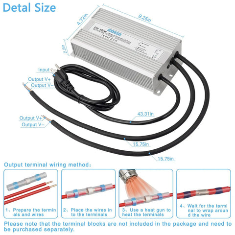 24V 800W IP67 Waterproof LED Driver Power Supply For Outdoor Lighting, Ultra Quiet And 91 Percent Efficient DC Output, 90 To 130V AC Input At 50 To 60Hz, Compact 9.25 Inch Long By 4.72 Inch Wide By 2.2 Inch High, silver metal housing with cables