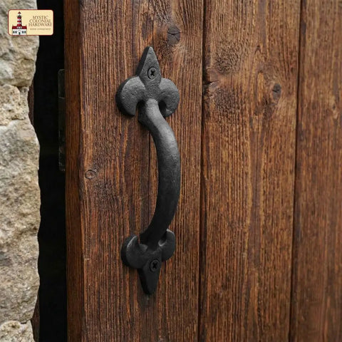 Old School Medieval Rustic Cast Iron Door Pull With Fleur De Lis Handle And Compact Grip, 7 1/8 Inch Decorative Hardware
