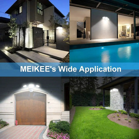 Lit 42W LED Outdoor Flood Light With Motion Sensor, illuminating house, pool, garage, and garden at night.