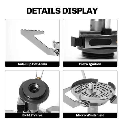 Close-up of details on Ultralight Backpacking Stove With Portable Jet Burner, showing anti-slip pot arms, piezo ignition, EN417 valve, micro windshield.
