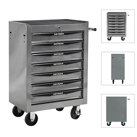 21 Inch Lockable Rolling Tool Chest With Tough As Nails Steel Build And Smooth Ball Bearing Slides Parking Brake Casters, shown at angle with drawers.
