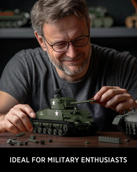 Man assembling M4 Sherman Tank Building Kit For Adults, Realistic WW2 Military Model You Can Build And Show Off, 860 Pieces