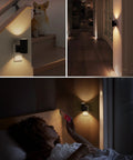 Four Pack Plug In Night Lights With Dimmable Brightness, Light Sensor Auto On Off, Soft White 3000K Black Shade No Fuss, Wall Mounted Nightlight For Hallway Bathroom Kitchen Bedroom illuminating stairs, hallway, and bedroom.