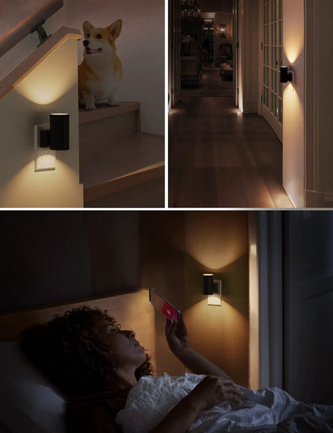 Four Pack Plug In Night Lights With Dimmable Brightness, Light Sensor Auto On Off, Soft White 3000K Black Shade No Fuss, Wall Mounted Nightlight For Hallway Bathroom Kitchen Bedroom illuminating stairs, hallway, and bedroom.