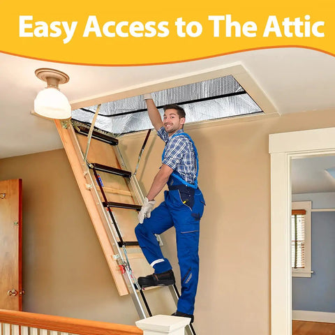 Man installing Attic Door Insulation Cover For 25 By 54 By 11 Inch Stairs, Heavy Duty Easy Install, No Frills Home Energy Saver With Zipper