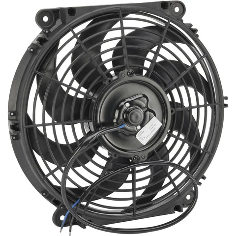Awesome 11 Inch Electric Radiator Cooling Fan With Shroud, showcasing black reversible fan blades and mounted support structure.