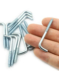 Hardcore Zinc Plated Square Bend Hooks M5 Lag Screws 25 Pack Heavy Duty Carbon Steel with hand for size reference.