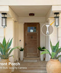 Front porch with light bulb security camera on ceiling and potted plants beside wooden door.