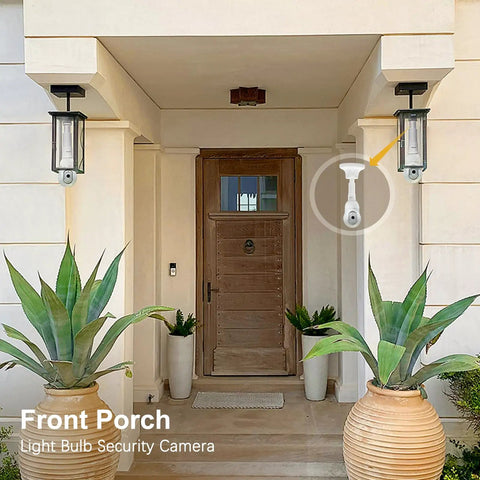 Front porch with light bulb security camera on ceiling and potted plants beside wooden door.