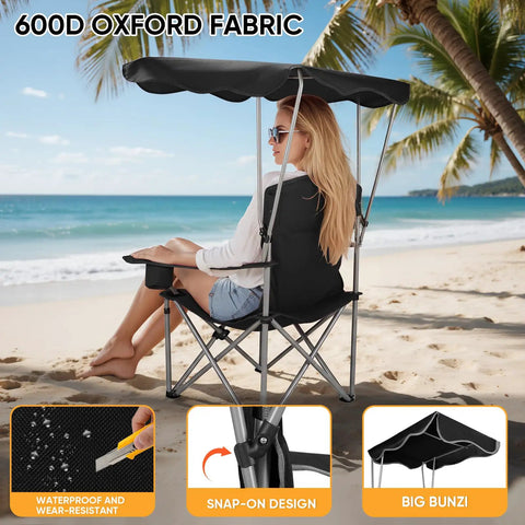 Woman relaxing on a black Folding Camping Chair With Canopy Shade And Cup Holders on a beach with palm trees.