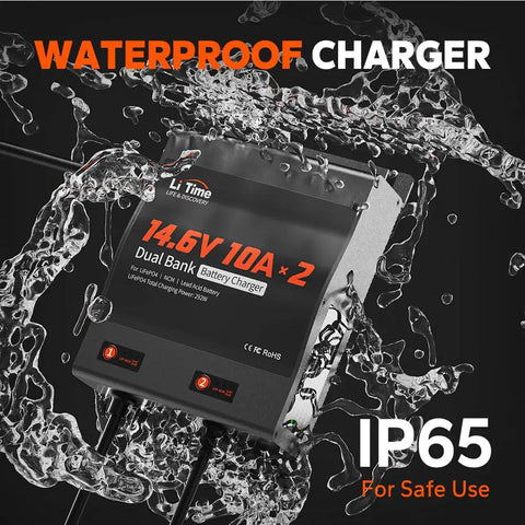 Heavy-Duty Dual 10A 2-Bank Smart Battery Charger For LiFePO4 And Lead Acid Batteries, 14.6V Output, 90-260V AC Input, Fuse Protected, LED Indicator, Built For RVs, Boats, Motorcycles, Lawn Mowers, Trolling Motors
