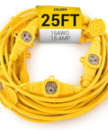 Coiled yellow 25 ft extension cord with multiple outlets, 16 AWG, 15 AMP, labeled for outdoor and indoor use.