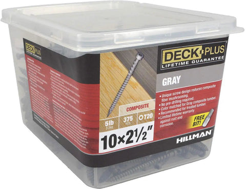 Gray Star-Drive Deck Screws For Outdoor Decking Size Ten By Two And A Half Inch Self-Tapping Tip With Trap Head No Pre-Drill Required Ceramic Coated For Rust And Corrosion Protection Suited For Composite Treated Wood And Plastic Materials in a plastic container