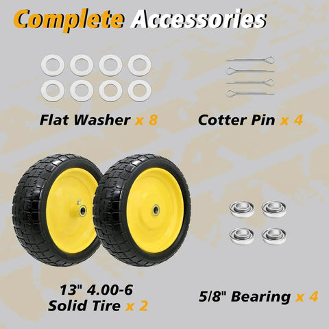 Components of 13 Inch No Flat Ever 4.00 By 6 Tire And Wheel Replacement For Gorilla Cart with washers, cotter pins, and bearings.