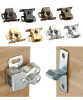 Get A Sweet Deal On These 20pcs Cabinet Latches With Built-In Spring For Automatic Door Locking Perfect For Kitchen Cupboards And Wardrobes Plus Adjustable Layout Fittings That Make Your Storage Setup Look Super Cool And Work Like A Charm Today. Image shows various metal cabinet latches in gold, bronze, and silver finishes.