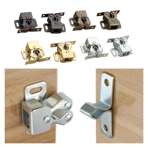 Get A Sweet Deal On These 20pcs Cabinet Latches With Built-In Spring For Automatic Door Locking Perfect For Kitchen Cupboards And Wardrobes Plus Adjustable Layout Fittings That Make Your Storage Setup Look Super Cool And Work Like A Charm Today. Image shows various metal cabinet latches in gold, bronze, and silver finishes.
