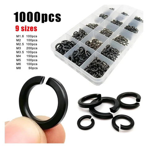 1000 Pcs Mixed M1.6 M2 M2.5 M3 M3.5 M4 M5 M6 M8 Black Stainless Steel Split Lock Washers With Elastic Gasket Kit In Box GB93 A2 304 Stainless Steel Heavy Duty Fastener Set, 9-size box