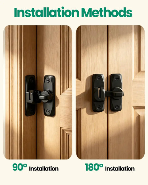 90 and 180 degree installation methods for Barn Door Lock and Latche: 90/180 Degree Barn Door Lock, Black Bifold Door Latch.