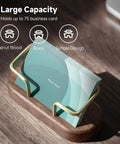 Walnut Wood Business Card Holder For Desk And Office with brass accents holding 75 business cards on wooden tabletop