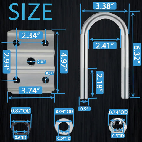 Dimensions and components of Heavy Duty Trailer U Bolt Kit For 3500 Lbs Axles, 2 And 3 Eighths Inch Round Axle With 1 And 3 Quarters Inch Leaf Springs