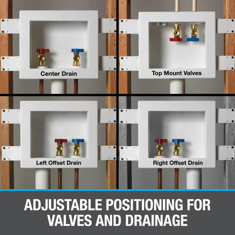 Quadtro Washing Machine Outlet Box With Hammer Arrestors, adjustable valve positions, heavy-duty 2 inch drain opening.