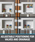 Image of Quadtro Washing Machine Outlet Box Tail Piece With One Quarter Inch Turn Water Hammer, 2 Inch Hub Fits PVC Or ABS DWV Pipe with adjustable valve and drain positions.