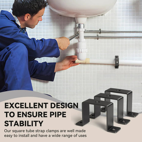 3 Pcs 2x2 Square Tube Strap Clamp Set U Shaped Steel Bracket Black Powder Coated shown by plumber under sink