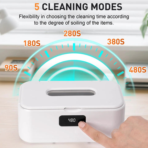 Front view of Ultrasonic Jewelry Cleaner Pro 28oz 800ml 49KHz Deep Clean with LED display showing 480 seconds timer setting.