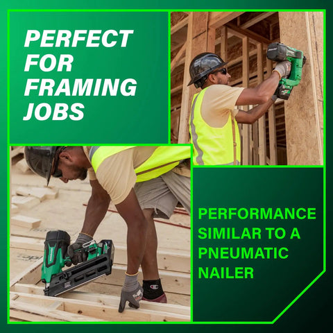 Construction worker using 36V MultiVolt Cordless Plastic Strip Framing Nailer Kit With 2.5Ah Battery, 21 Degree Framing Nailer For Two Inch To Three And A Half Inch Nails, Beast Mode Power Tool NR3690DR on wooden frame